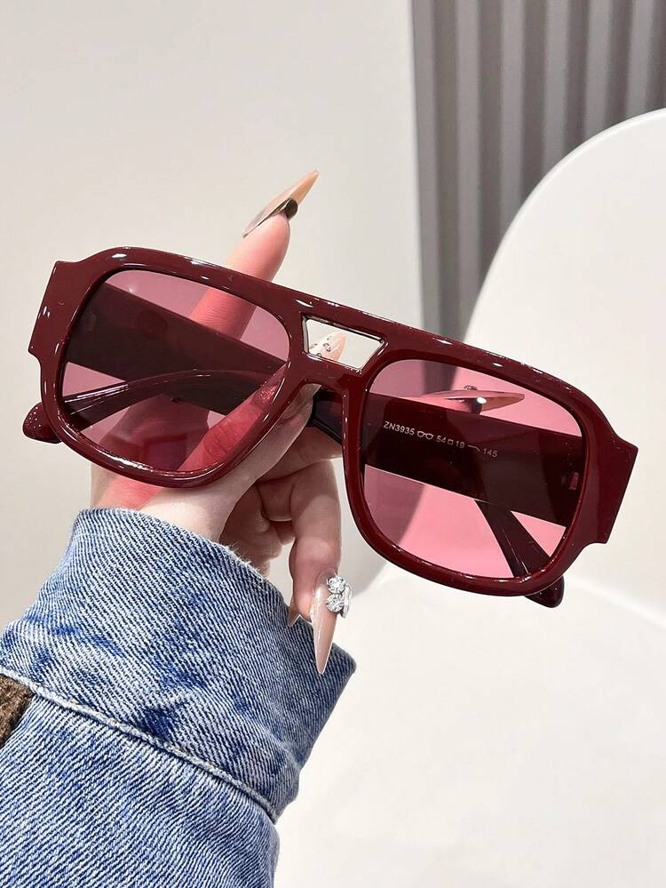 1 Pair Women Red Frame Fashion Glasses, Fashionable Beach Accessory For Summer Shades Casual Style Oversized Aviator Frame For Going Out Outfit,Back To School | SHEIN