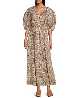 Talisman Halo Woven Printed V-Neck Button Front Smock Waist 3/4 Puff Sleeve A-Line Maxi Dress | D... | Dillard's
