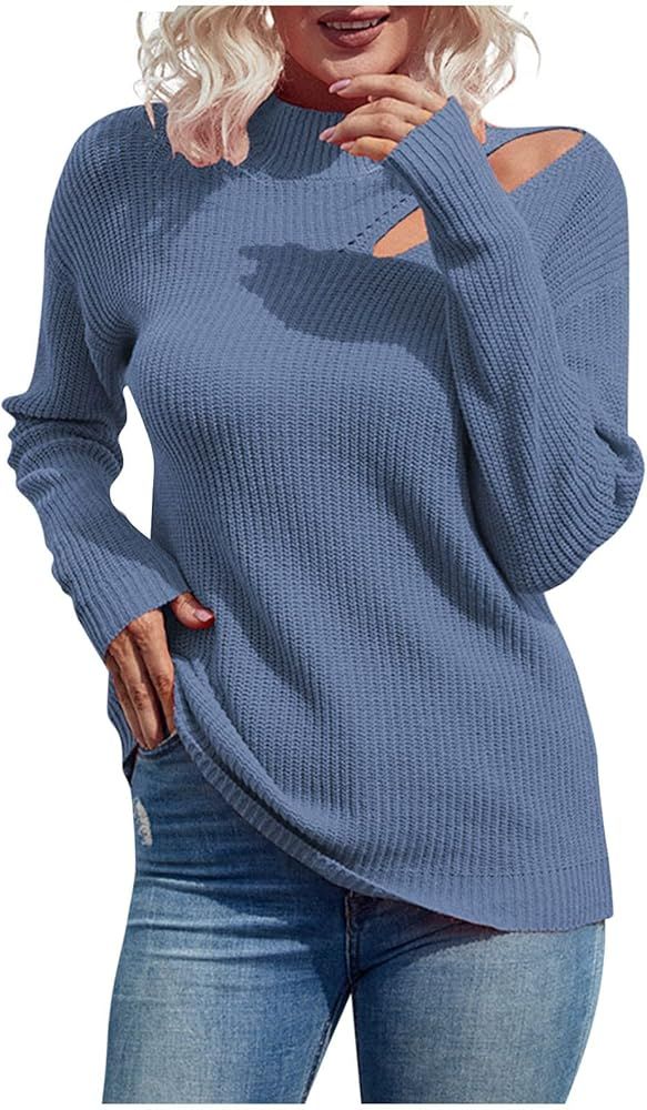 Women's Fall Sweaters Color Half Turtleneck Drop-Shoulder Pullover Knit Sweater Turtleneck Pullover  | Amazon (US)