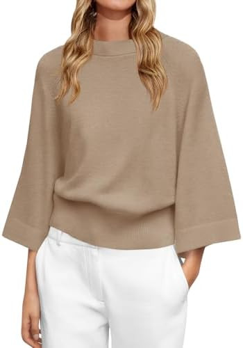 Saodimallsu Womens Crew Neck Batwing Sweaters 3/4 Sleeve Soft Knit Dressy Casual Loose Fit Fall S... | Amazon (US)