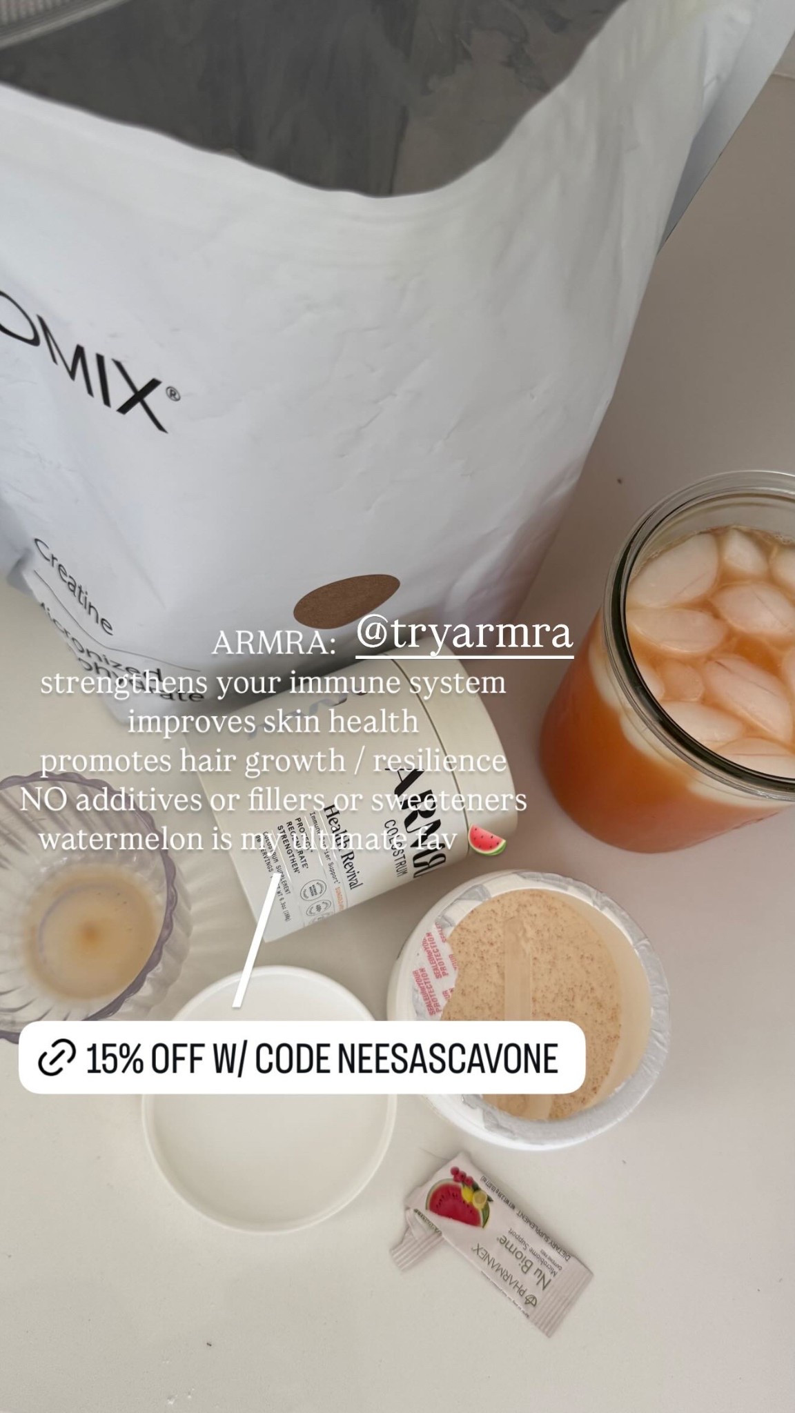 My daily wellness! ARMRA colostrum (watermelon is my go-to) Immune support, better skin, stronger hair—all without fillers or sweeteners. Trust me, this hits different
Use code NEESASCAVONE for 15% off your ARMRA!
Use code NEESASCAVONE for 10% off PROMIX 

#LTKWellness #DailySupplements #ARMRAColostrum #PromixCreatine #GutHealthSupport #ImmuneBoost #CleanSupplements #NoFillersNoFluff #HairSkinNails #WellnessRoutine #LTKFinds #LTKHealth #SupplementStack #NaturalGlow #MomLifeWellness #LTKUnder100 #DailyEnergy #WatermelonFlavor #HealthyFromWithin #GlowUpRoutine

#LTKMens #LTKFamily #LTKHome