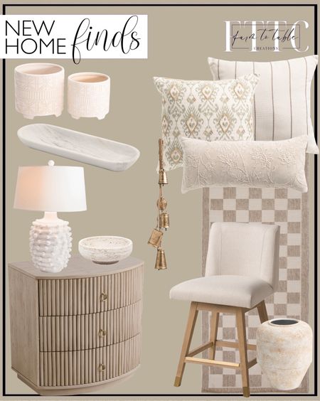 New Home Finds. Follow @farmtotablecreations on Instagram for more inspiration.

2x8 Indoor Outdoor Checkered Rug. Textured Ball Table Lamp. Three drawer side table. Nightstand with drawers. Textured Vase. Indoor/Outdoor striped pillow. Embroidered pillow. Cake stand. Neutral Swivel Counter Stool. Marble Decorative Tray. Travertine Bowl. Footed Ceramic planter. Bell cluster with hanging loop. Velvet Pillow. Living room decor. Kitchen decor. Bedroom Decor. Neutral Furniture. Neutral Finds. 

#LTKhome #LTKsalealert #LTKfindsunder50