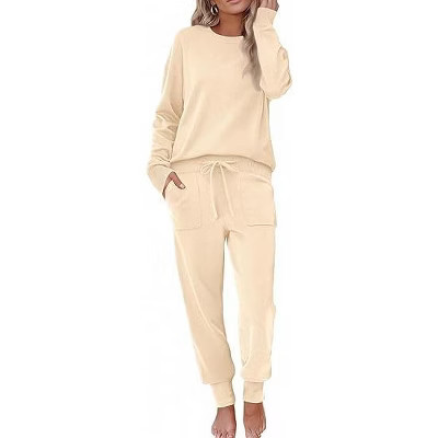 Ekouaer Women's 2 Piece Lounge Set Long Sleeve Knit Pajamas Sweatsuit Jogger Pant Outfits With Pockets Beige M | Target
