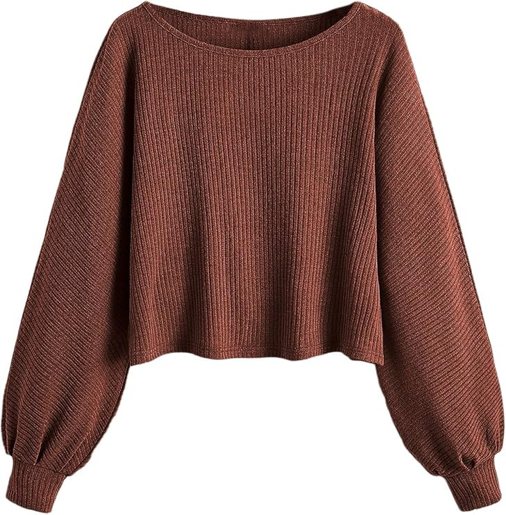 SweatyRocks Women's Casual Crewneck Raglan Long Sleeve Ribbed Knit Crop Top Cropped Sweater | Amazon (US)