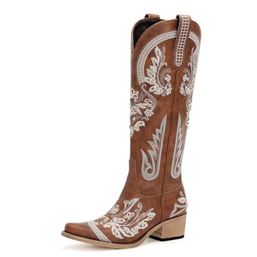 Western Cowboy Boots for Women Embroidered Rhinestones Knee High Cowgirl Boots Pointed Toe Chunky Heel Fashion Retro Classic Tall Boot | Amazon (US)