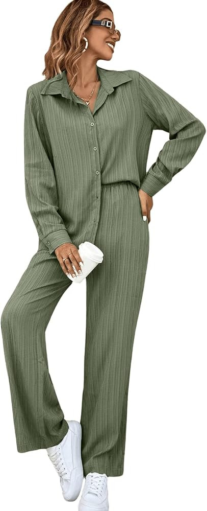 SHENHE Women's Two Piece Outfits Button Down Long Sleeve Collar Shirt and Pants Set | Amazon (US)