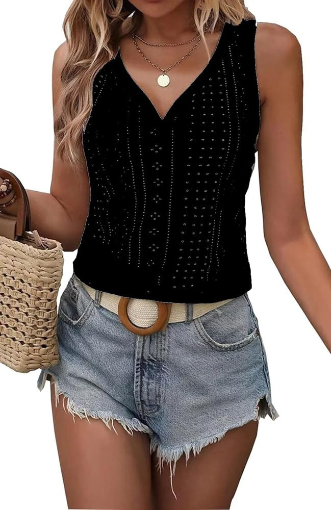 Womens Fashion Tank Tops Solid Color Hollow Tops Summer Casual Loose Flowy Shirt Tanks Vest Vacat... | Amazon (US)
