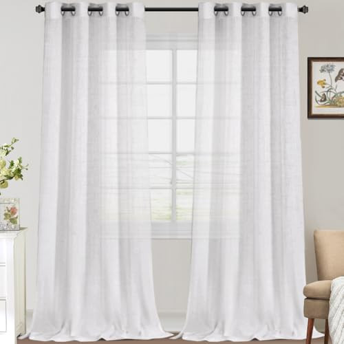 FantasDecor Linen Sheer Curtains 96 inch Length 2 Panels Set Light Filtering Privacy Drapes Grommet Window Blinds Shades for Farmhouse Bedroom Porch Living Room, Off White | Amazon (US)