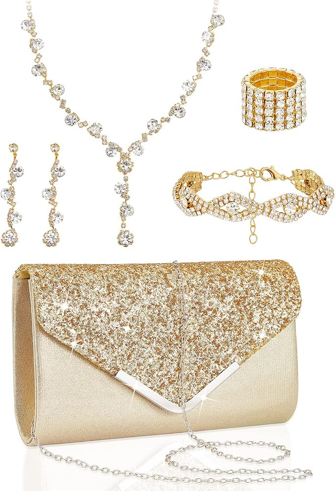 Henoyso 5 Pcs Purse Rhinestone Jewelry Set Rhinestone Clutch Purse Bride Prom Jewelry Necklace Ea... | Amazon (US)