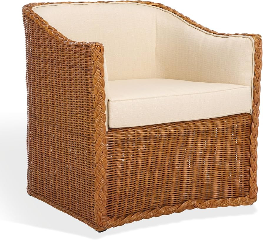 SAFAVIEH Couture Collection Sharon Natural Rattan/Beige Linen Cushion Accent Chair (Fully Assembl... | Amazon (US)