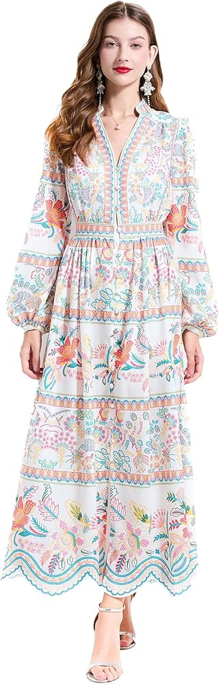 LAI MENG FIVE CATS Women's Casual Floral Print V-Neck Button up Slit Maxi Dress | Amazon (US)