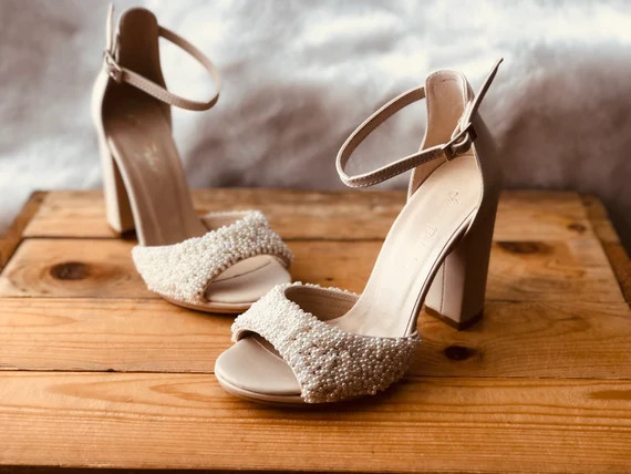 Pearl wedding shoes , Block heel wedding ivory leather bride shoes, handmade bridal shoes with pe... | Etsy (US)
