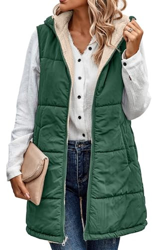 ECOWISH Womens Long Puffer Vest: Winter Casual Zip up Fleece Coat Sleeveless Lapel outerwear with Pockets Green Large | Amazon (US)