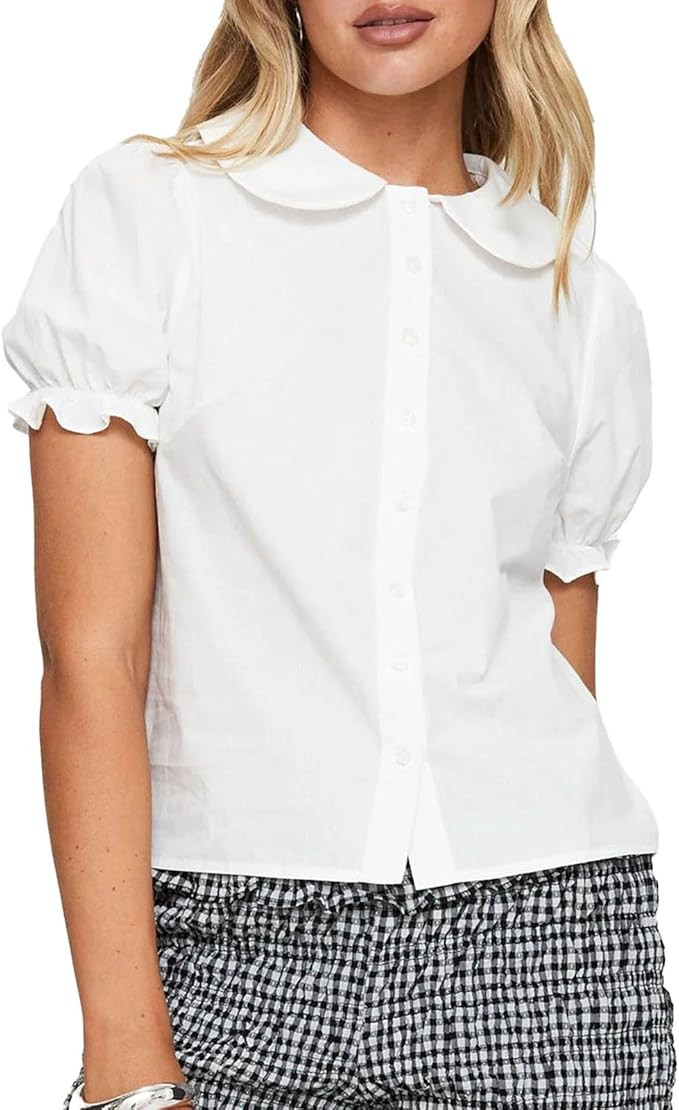 Peter Pan Collar Button Down Shirts for Women Solid Doll Neck Short Puff Sleeve Preppy Blouse Bab... | Amazon (US)