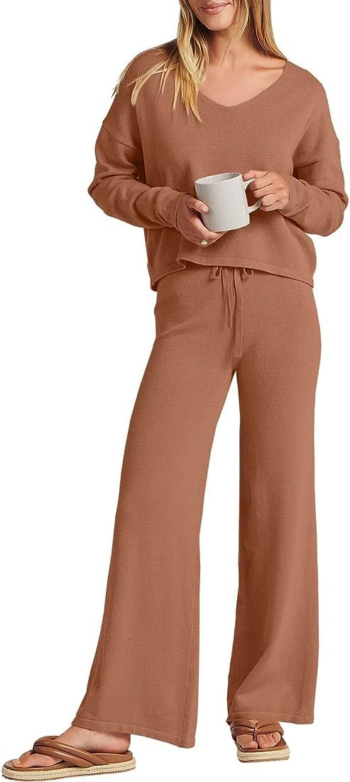 ANRABESS Women’s Two Piece Outfits Long Sleeve V Neck Crop Top with High Waist Wide Leg Pants S... | Amazon (US)