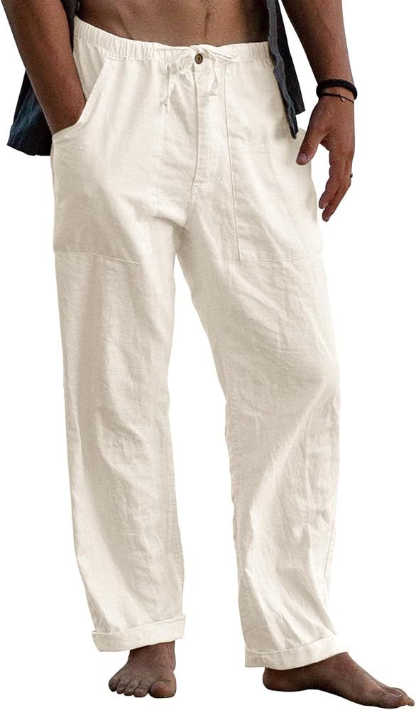 Gafeng Mens Linen Pants Yoga Beach Loose Fit Casual Summer Elastic Waist Drawstring Baggy Trouser... | Amazon (US)