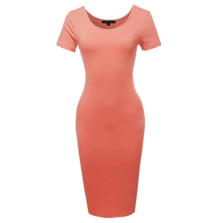 A2Y Women's Solid Fitted Classic Short Sleeve Premium Cotton Midi Dress Ash Coral S | Walmart (US)