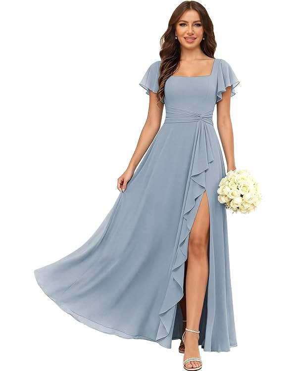 ForElise Ruffle Sleeves Chiffon Bridesmaid Dresses for Women Long A Line Pleated Elegant Formal E... | Amazon (US)