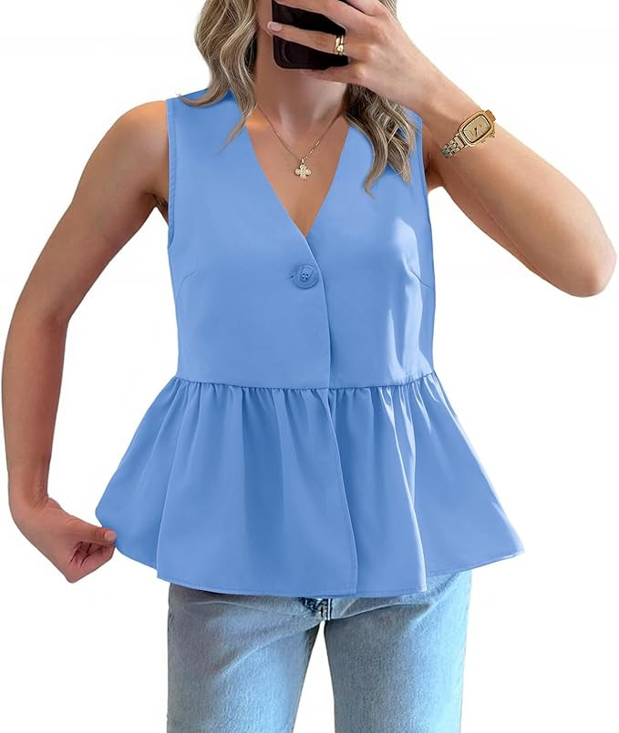 Tankaneo Womens V Neck Babydoll Tank Tops Peplum Ruffle Hem Sleeveless Shirts Summer Casual Butto... | Amazon (US)
