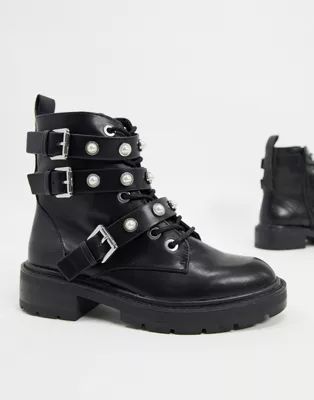 Pull&Bear pearl stud boots in black | ASOS US