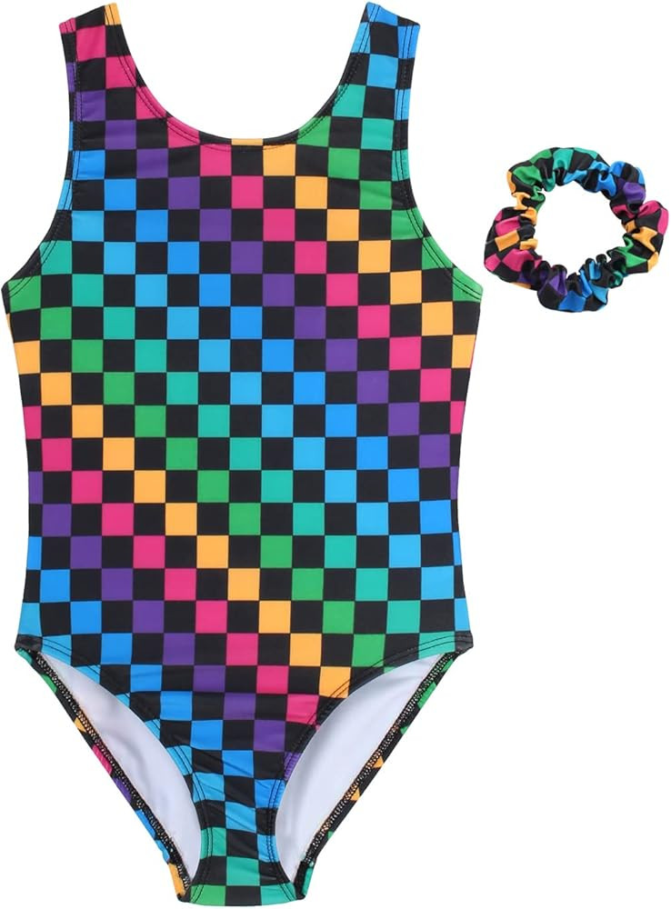 Amazon.com: JESKIDS Leotards for Girls Gymnastics with Hair Scrunchie Checkerboard Print Dance Un... | Amazon (US)