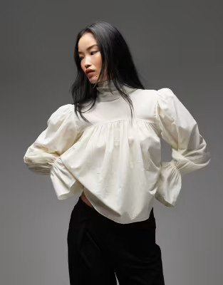 ASOS DESIGN high neck blouson sleeves blouse in cream | ASOS | ASOS (Global)