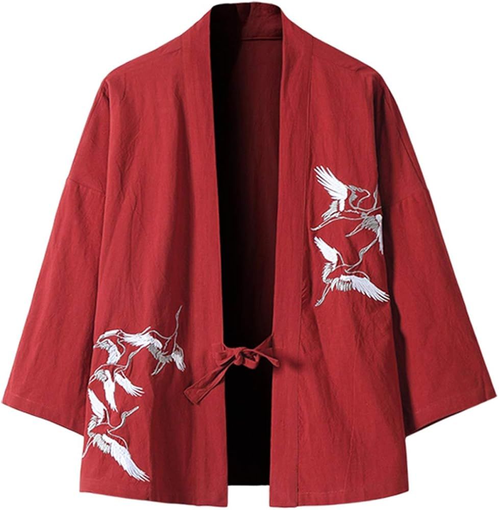PRIJOUHE Men's Japanese Fashion Kimono Cardigan Plus Size Jacket Yukata Casual Cotton Linen Seven Sl | Amazon (US)