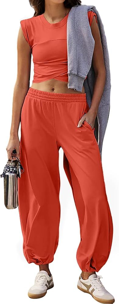 MISSACTIVER Women Two Piece Outfits Workout Cap Sleeve Asymmetrical Hem Crop Top Sweatpants Track... | Amazon (US)