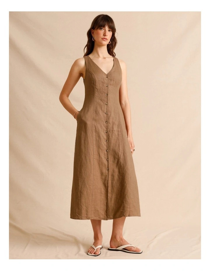 European Linen V-Neck Midi Dress in Light Brown | Myer