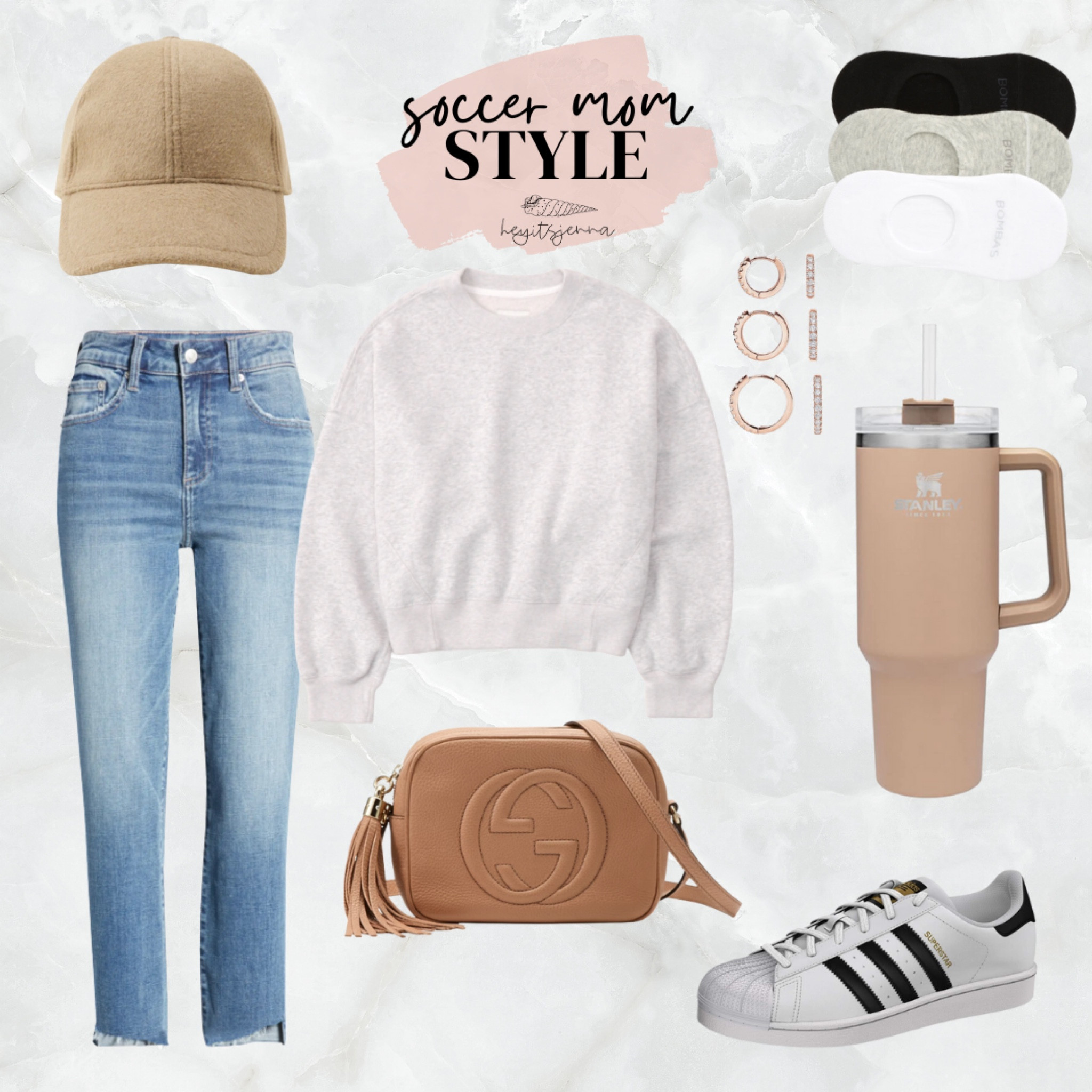 Soccer mom outfit ideas
Fall outfits style
Pistola jeans Stanley water bottle 
Gucci bag