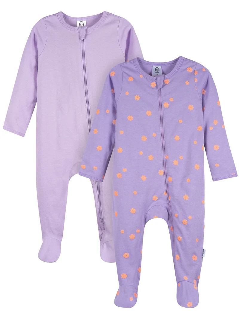 Gerber Baby Girl 2-Way Zipper Cotton Sleep 'N Play Footed Pajamas, 2-Pack, Sizes Newborn - 3/6 Mo... | Walmart (US)