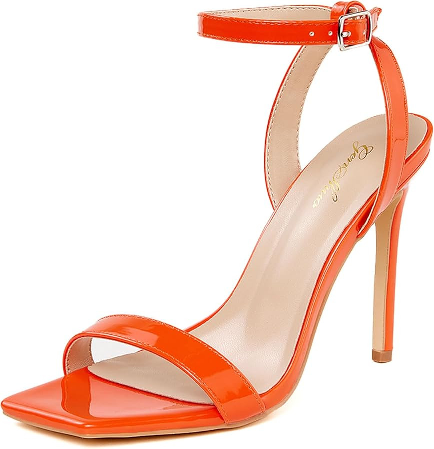 GENSHUO Women Stiletto High Heeled Sandals Open Square Toe Ankle Buckle Heels Sandals 4.3 Inch St... | Amazon (US)
