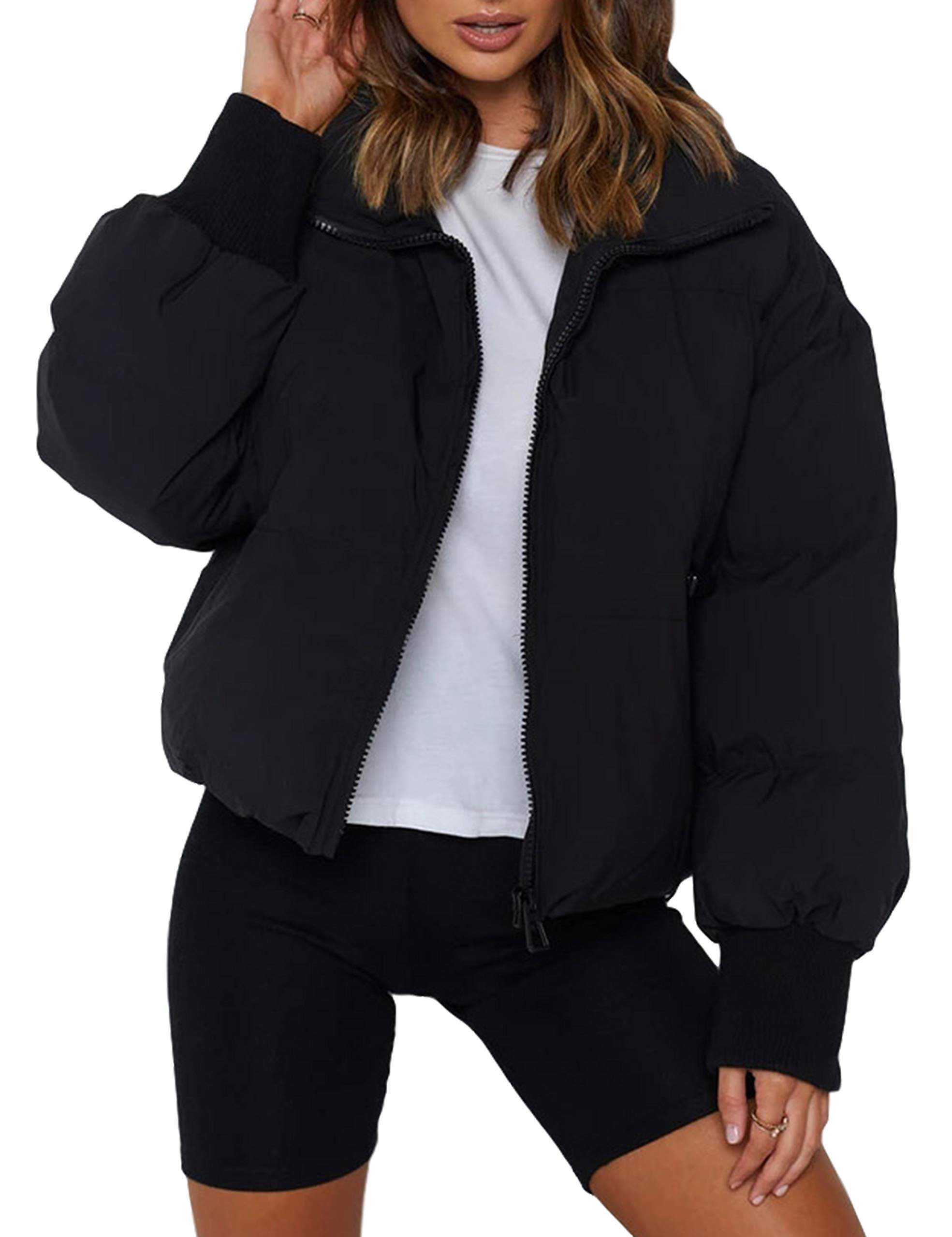 Uaneo Womens Casual Padded Full Zip Stand Collar Long Sleeve Puffer Jackets | Amazon (US)