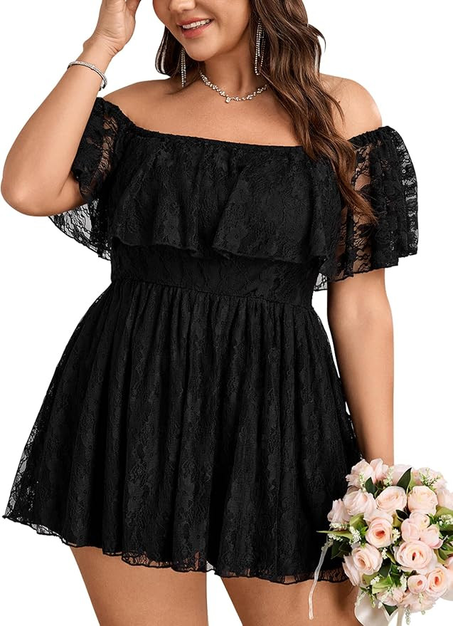 CICIDUDU Plus Size Romper For Women Summer Off Shoulder Sexy Romper Dress Boho Lace Short Jumpsui... | Amazon (US)