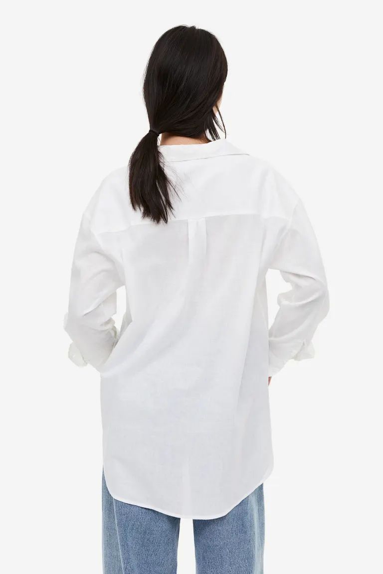 Linen-blend shirt - Long sleeve - Long - White - Ladies | H&M GB | H&M (UK, MY, IN, SG, PH, TW, HK)