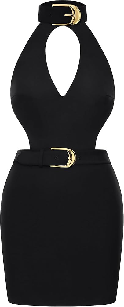 JW PEI Women's Gabriella Belted Cutout Halter Mini Dress | Amazon (US)