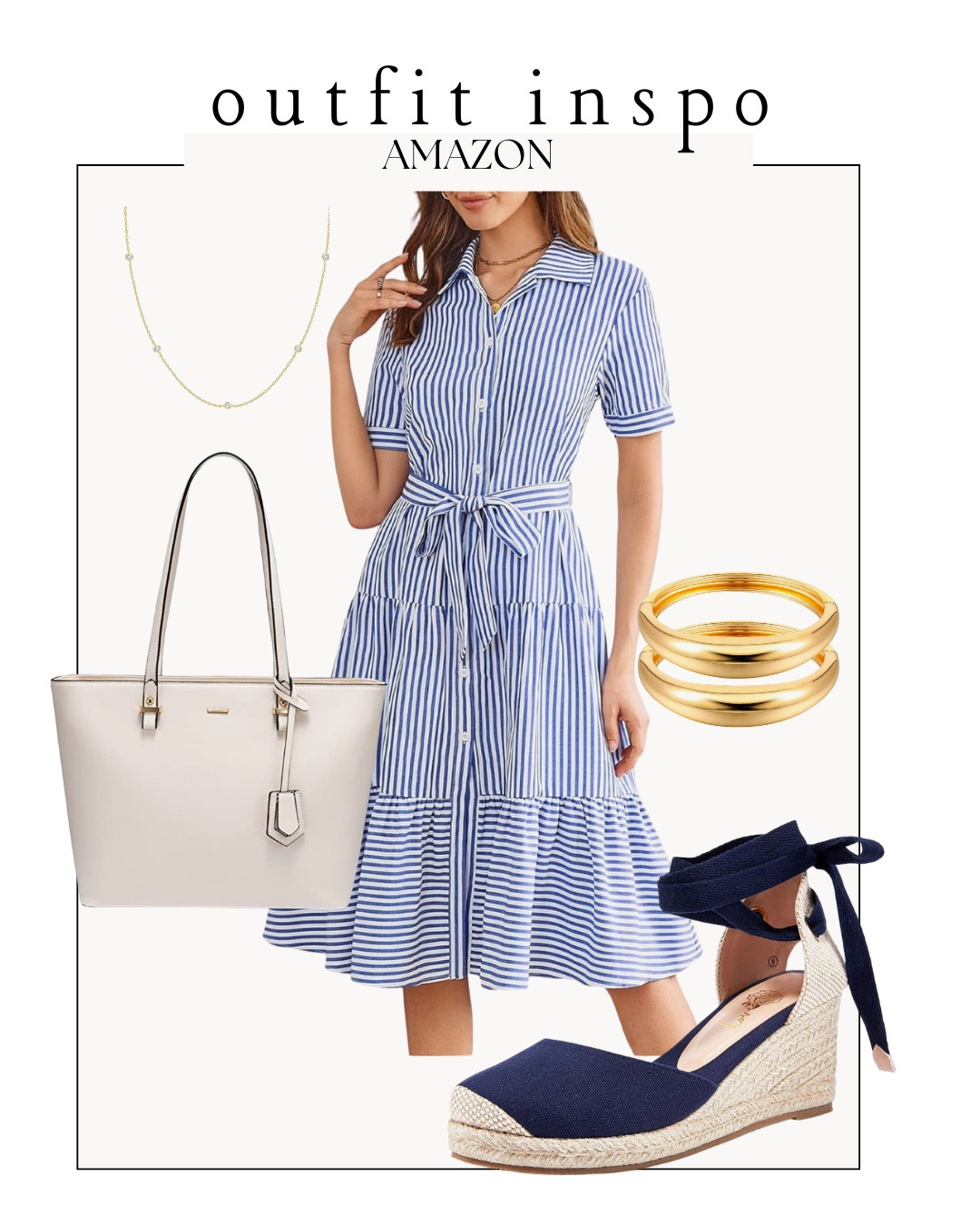 Striped blue and white summer dress with navy espadrille wedge heels, white tote bag, and gold jewelry 






Amazon outfits every outfit inspo, outfit ideas, casual outfits amazon, amazon outfits every day, spring outfits 2026, summer outfits, summer dress, graduation dress, Mother’s Day dress

#LTKootd #LTKSaleAlert #LTKPetite