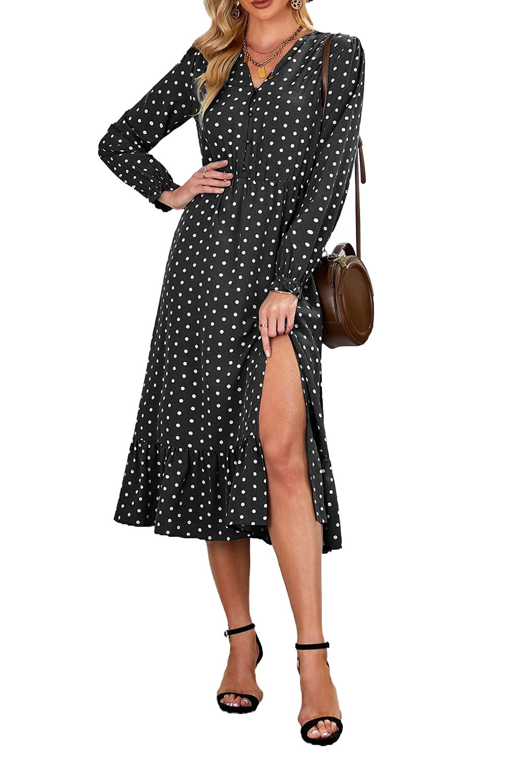 PRETTYGARDEN Women's Boho Long Sleeve Polka Dot V Neck Button Ruffle Midi Dress Flowy A-Line Side Sl | Amazon (US)