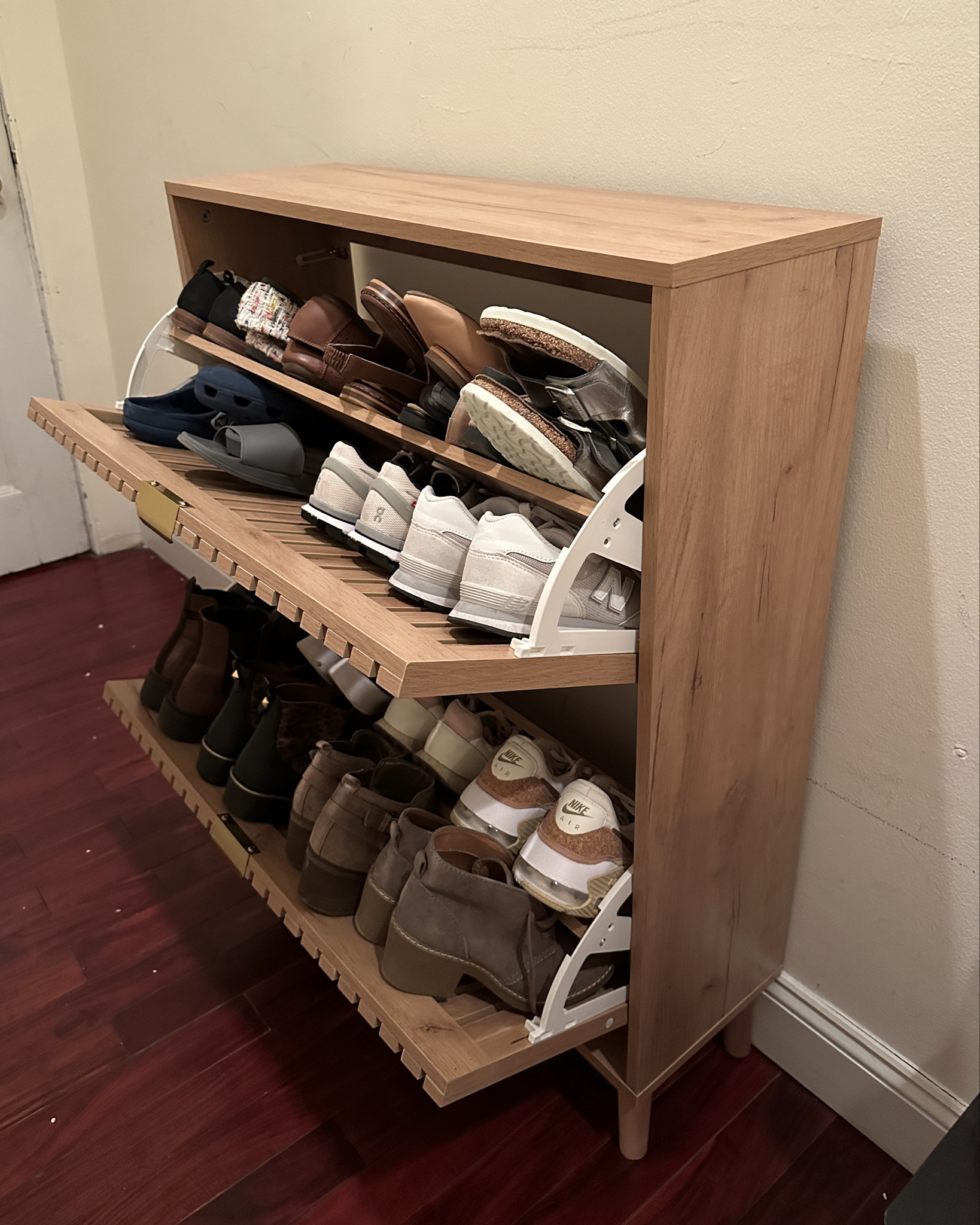 I’m impressed. Unfortunately the exact one I bought is now of stock, but I shared some similar options. For reference I wear a W4.5/5. It fits about 20 pairs of shoes.
It was possible to put together solo, but I did question my decision for about 3 minutes at one point  

#LTKvlog #LTKdayinmylife #LTKHome