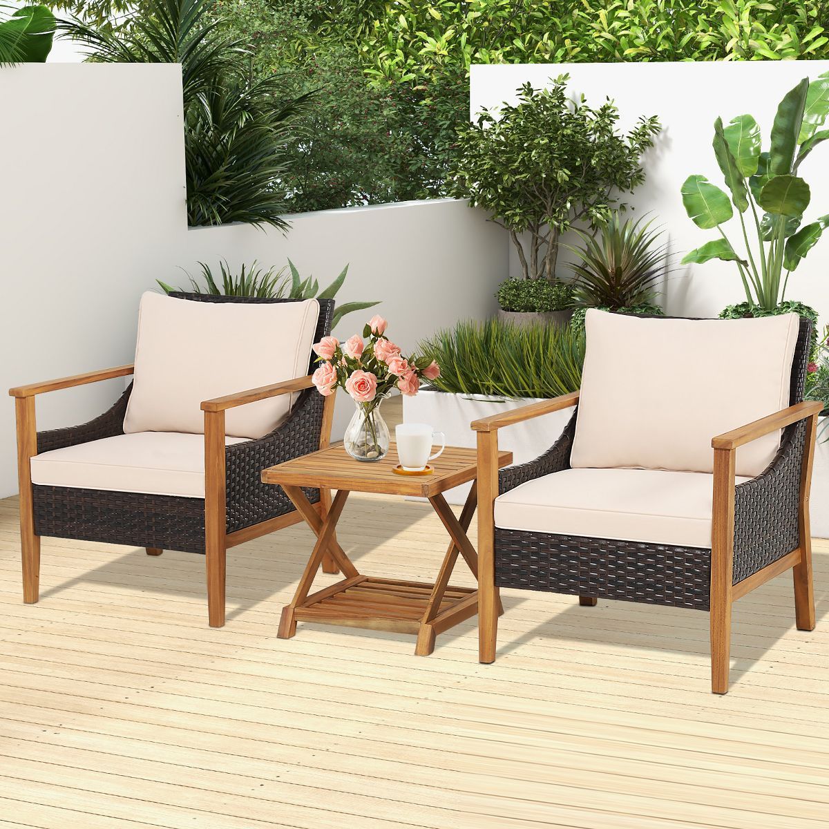Costway 3PCS Patio Wicker Furniture Set Cushioned Armchairs with 2-Tier Side Table Balcony | Target