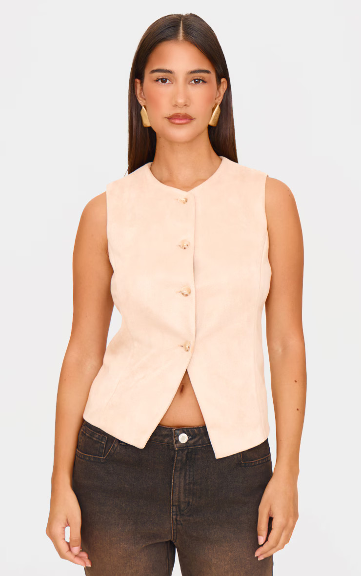 Cream Faux Suede Longline Button Up Vest | PrettyLittleThing US