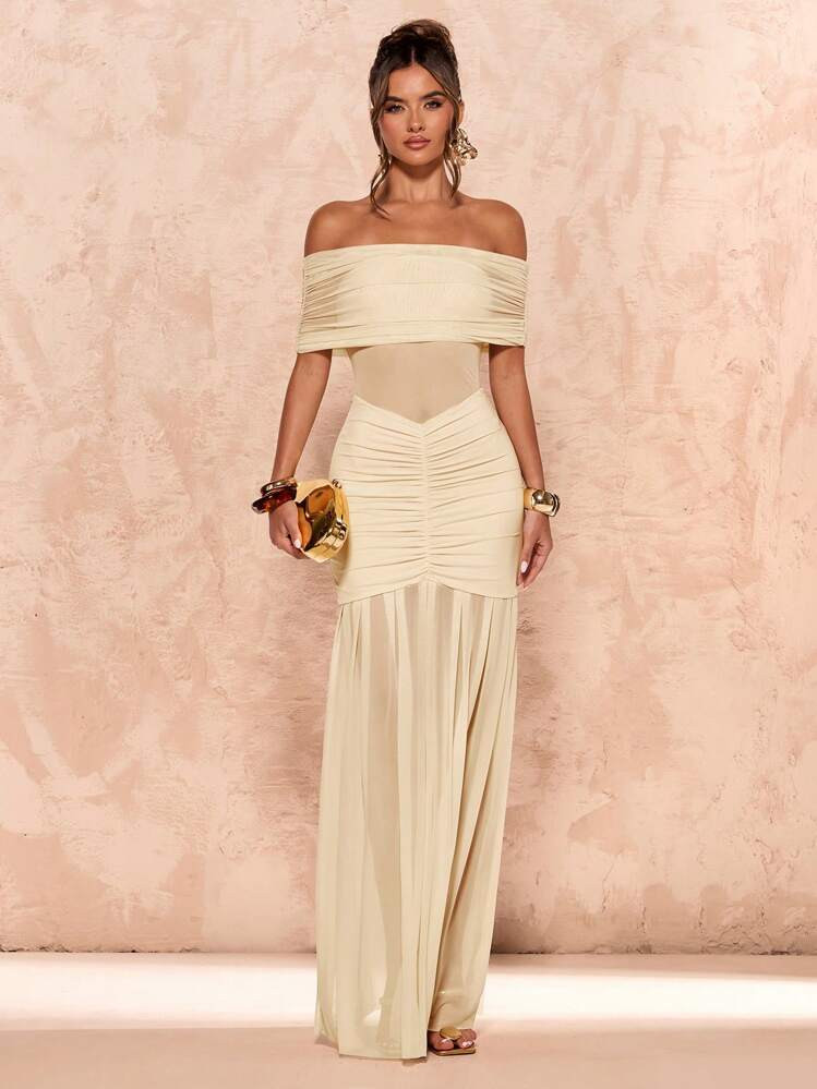 SHEIN BAE Summer Solid Color Apricot Sleeveless Off-Shoulder Sexy Semi-Sheer Paneled Maxi Dress,S... | SHEIN