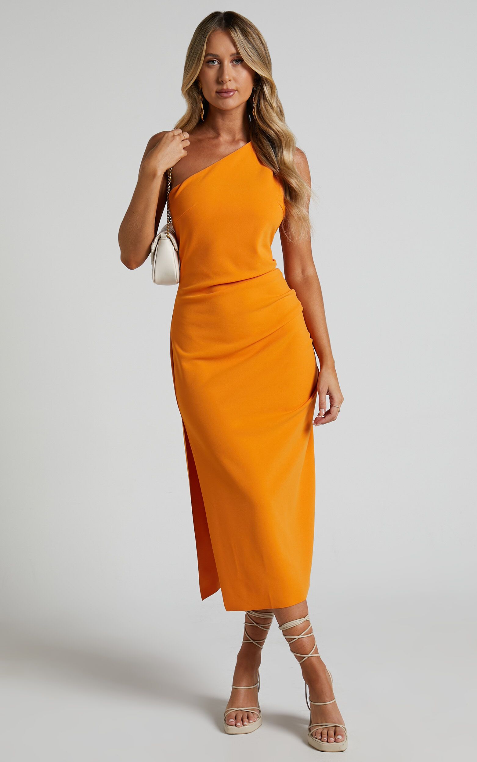 Monette Midi Dress - One Shoulder Straight Dress in Orange | Showpo (US, UK & Europe)