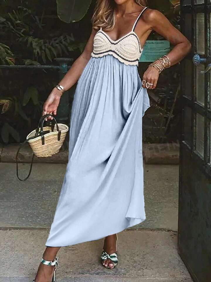 SHEIN VCAY Women's Summer Casual Crochet Embellished Color Block Western Country Vacation Dress |... | SHEIN