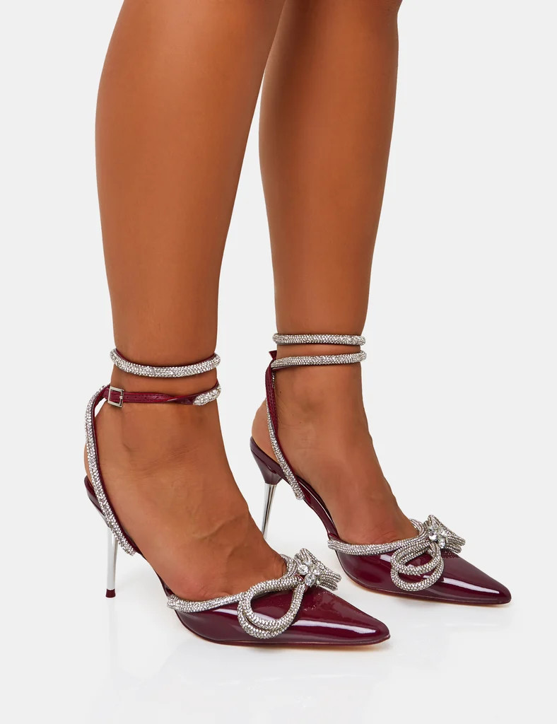 Midnight Burgundy Patent Wrap Around Diamante Pointed Court Mid Heel | Public Desire