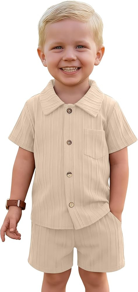 Toddler Baby Boy's Clothes Set Ribbed Button-down Cotton Shirt Tops and Shorts Summer Outfit 2 Pc... | Amazon (US)