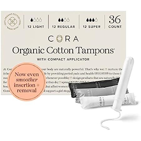 Cora Organic Tampons | Regular/Super Absorbency Variety Pack | 100% Cotton Core, Unscented with BPA- | Amazon (US)