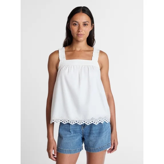Time and Tru Women’s Eyelet Trim Cotton Tank Top, Sizes XS-XXXL | Walmart (US)