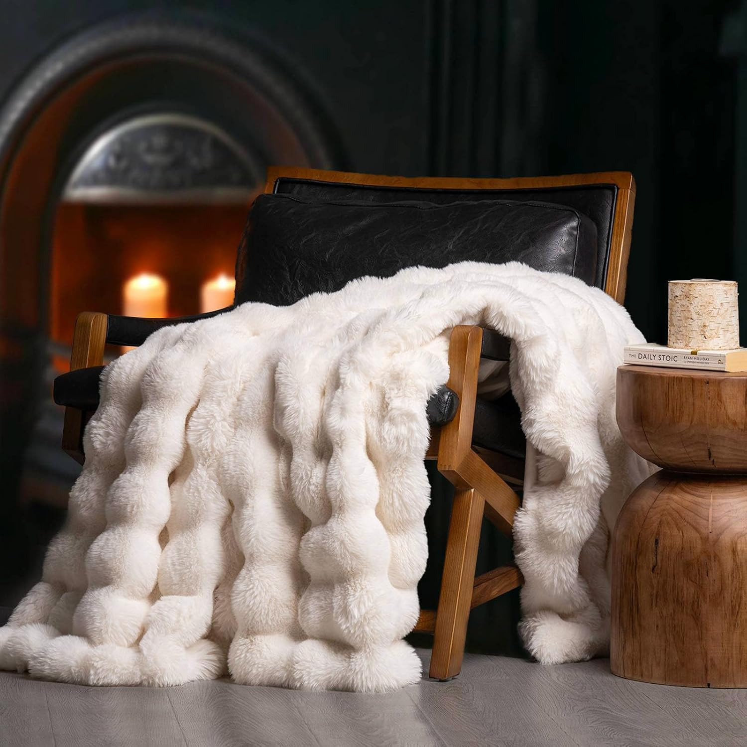 Faux Rabbit Fur Bubble Throw Blanket, 60"x80", Ivory White | Amazon (US)