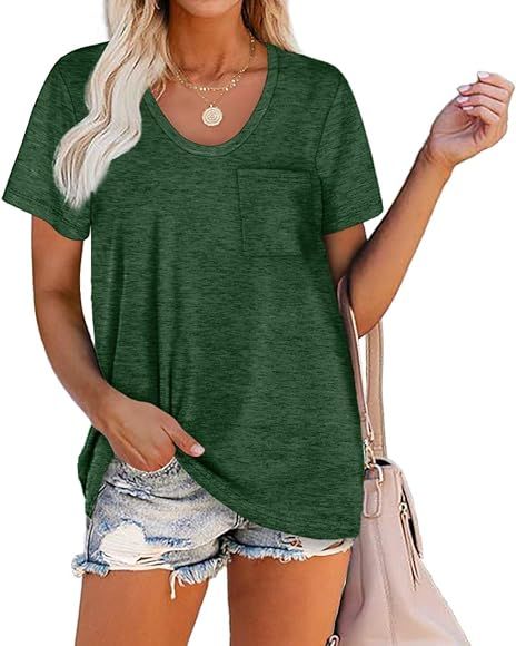 WIHOLL Women Summer T Shirts Short Sleeve Rounded V Neck Pocket Tee Tops | Amazon (US)